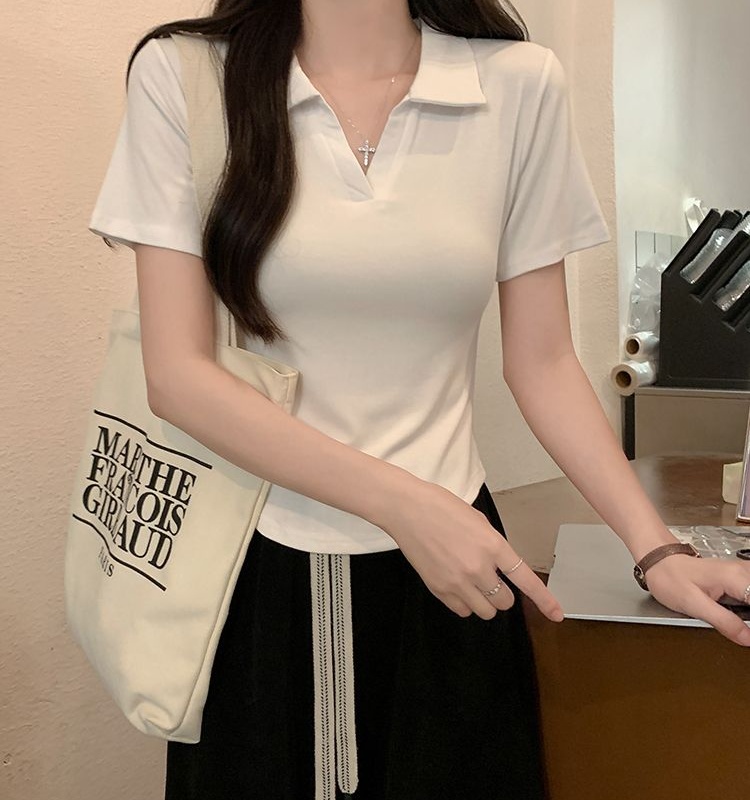 Cotton short tops screw thread short sleeve T-shirt for women