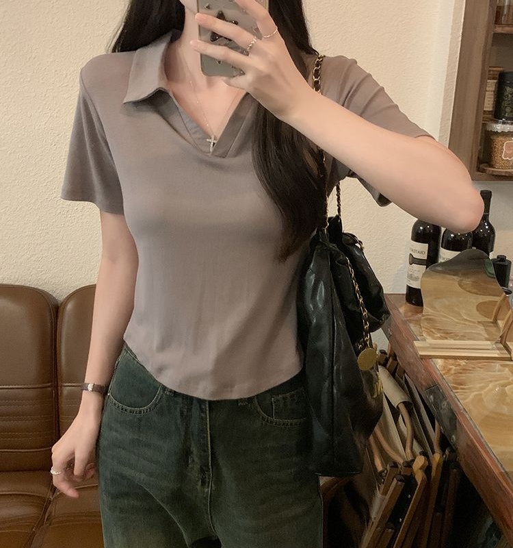 Cotton short tops screw thread short sleeve T-shirt for women
