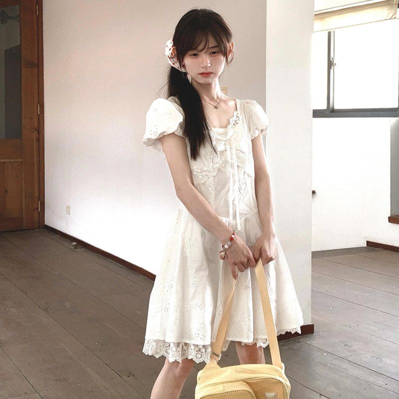 Hollow summer lace sweet embroidery short slim dress