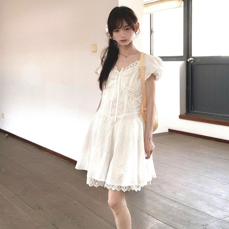 Hollow summer lace sweet embroidery short slim dress