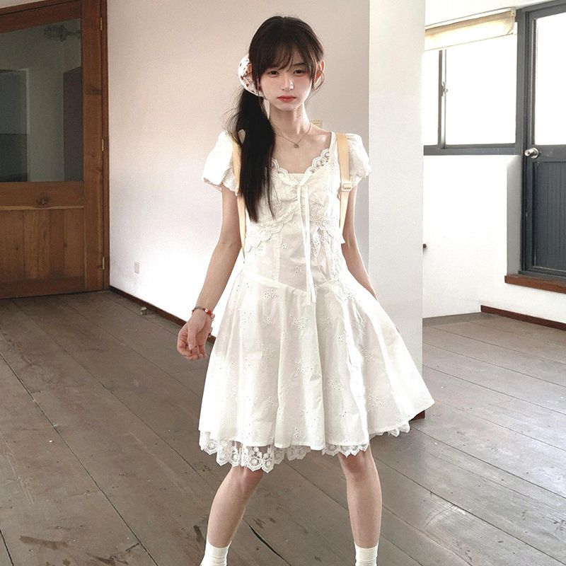 Hollow summer lace sweet embroidery short slim dress