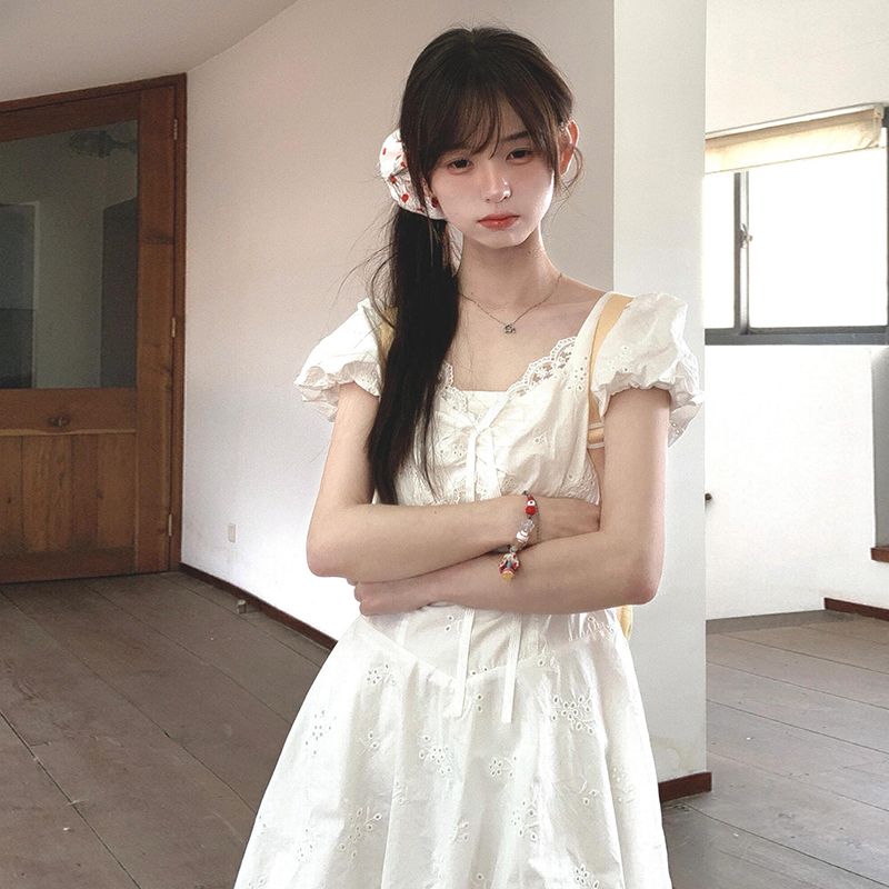 Hollow summer lace sweet embroidery short slim dress