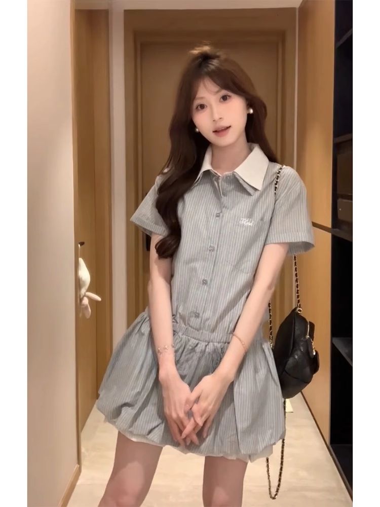 College style A-line dress pinched waist shirt for women