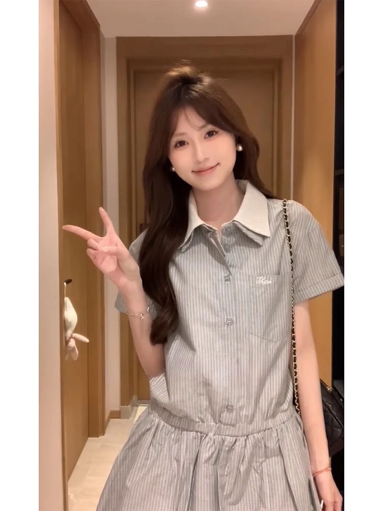 College style A-line dress pinched waist shirt for women