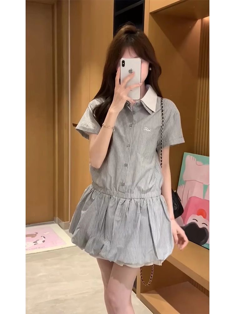 College style A-line dress pinched waist shirt for women