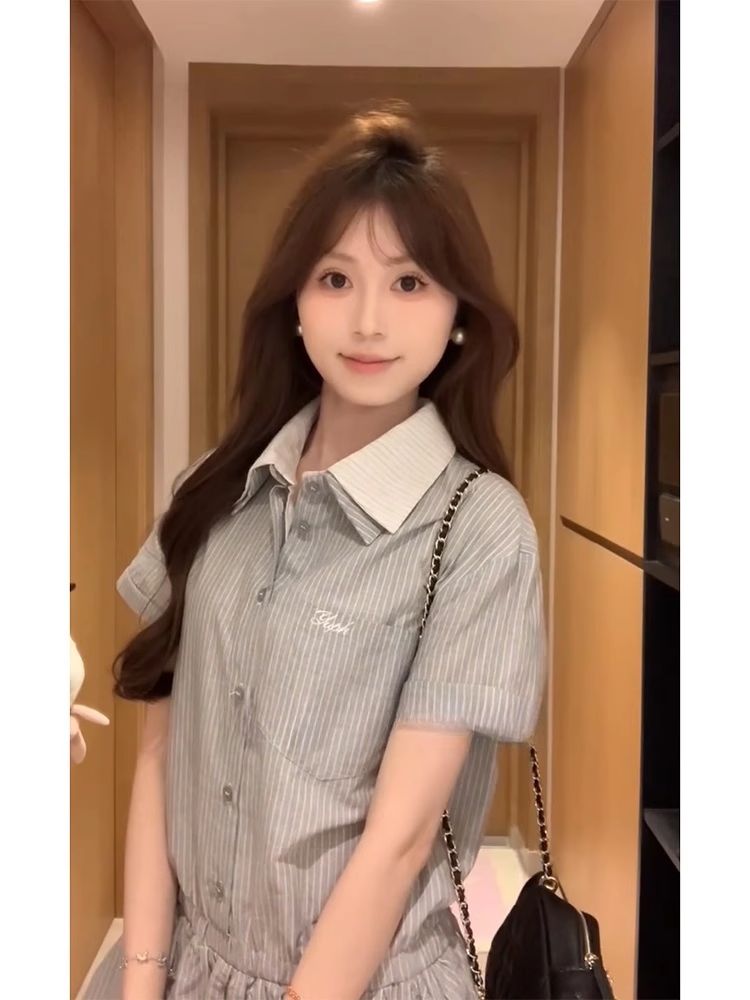 College style A-line dress pinched waist shirt for women