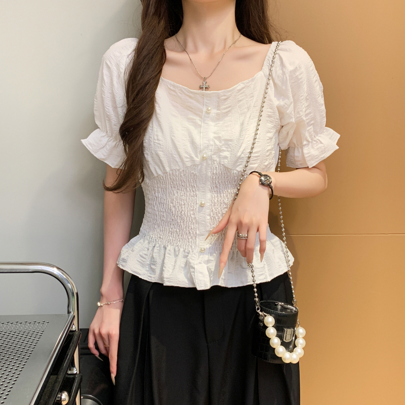 Short sleeve summer small shirt slim pinched waist tops for women