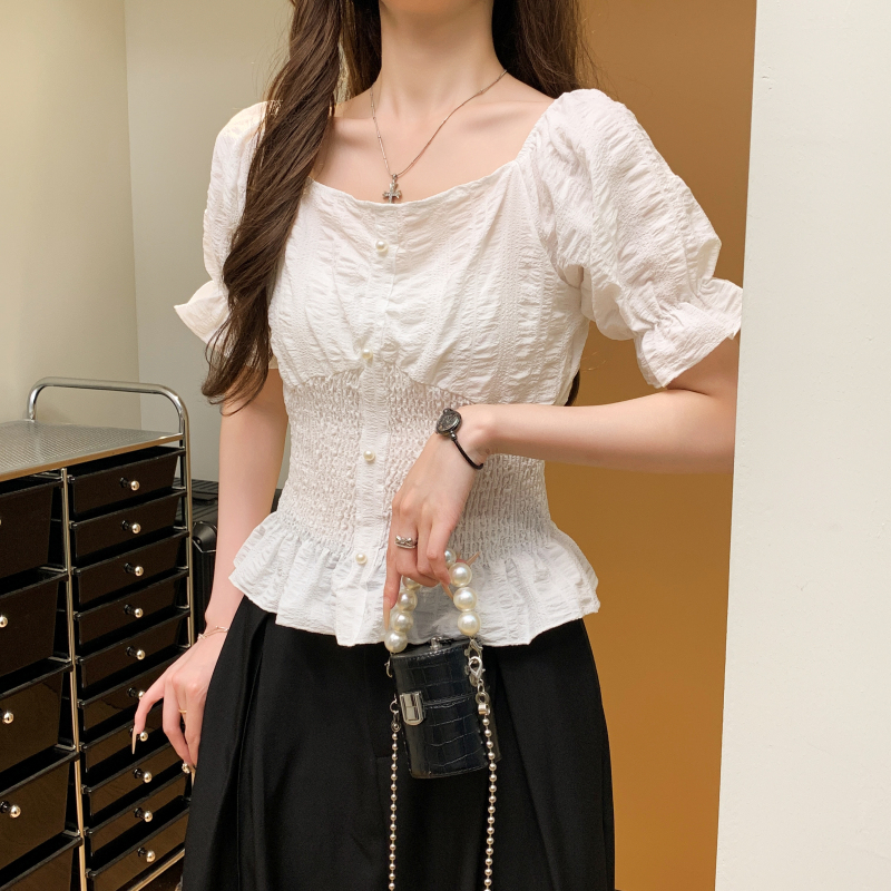 Short sleeve summer small shirt slim pinched waist tops for women