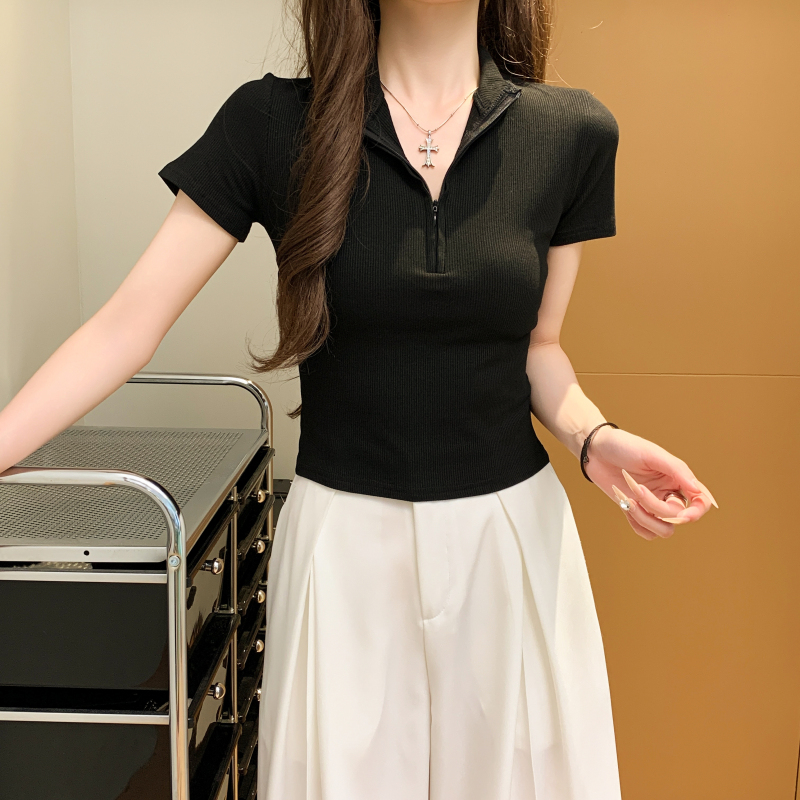 Simple short sleeve tight temperament zip T-shirt for women