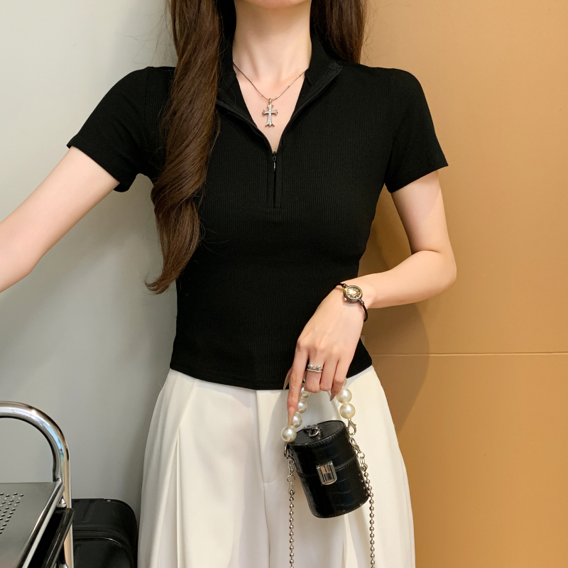 Simple short sleeve tight temperament zip T-shirt for women