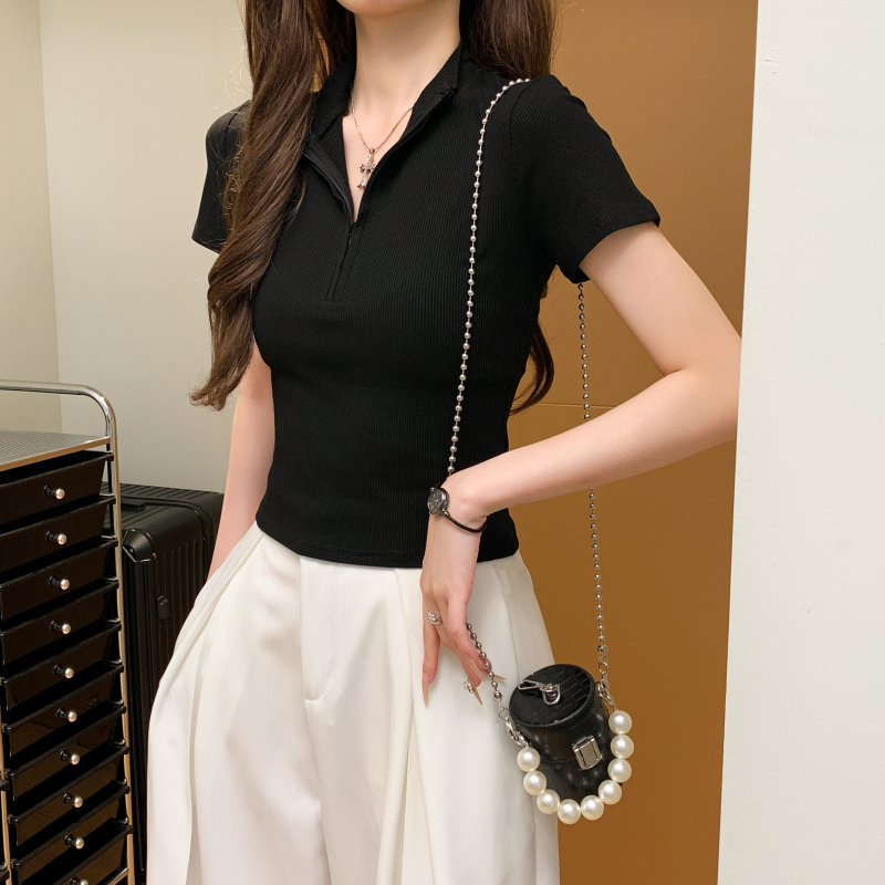 Simple short sleeve tight temperament zip T-shirt for women