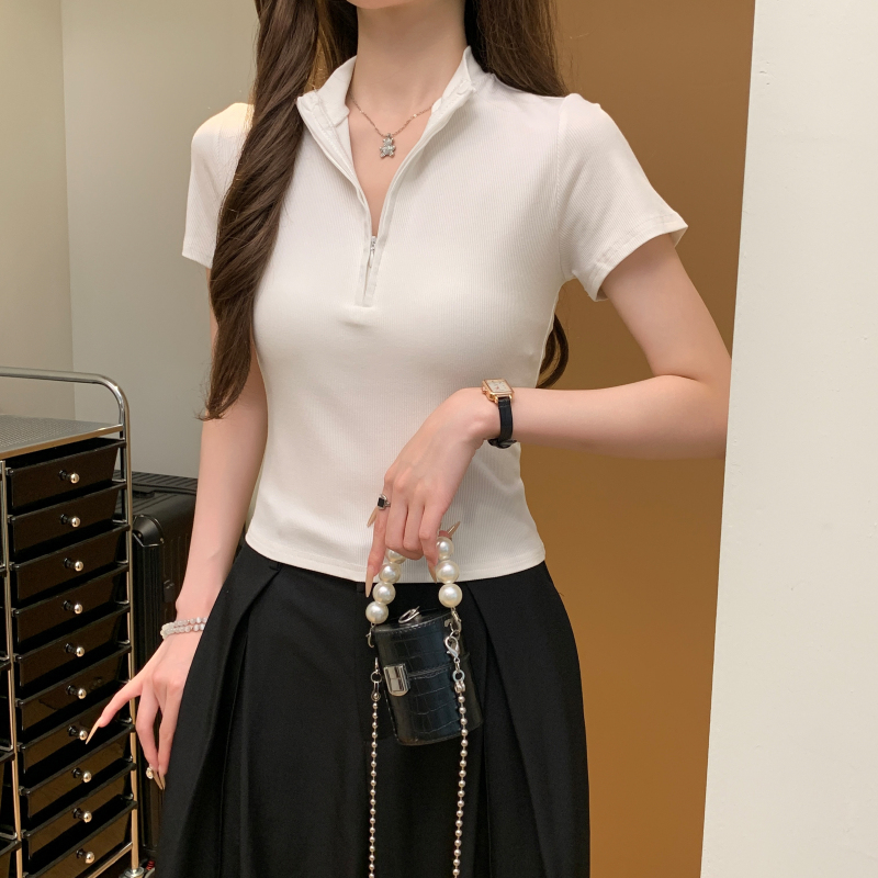Simple short sleeve tight temperament zip T-shirt for women