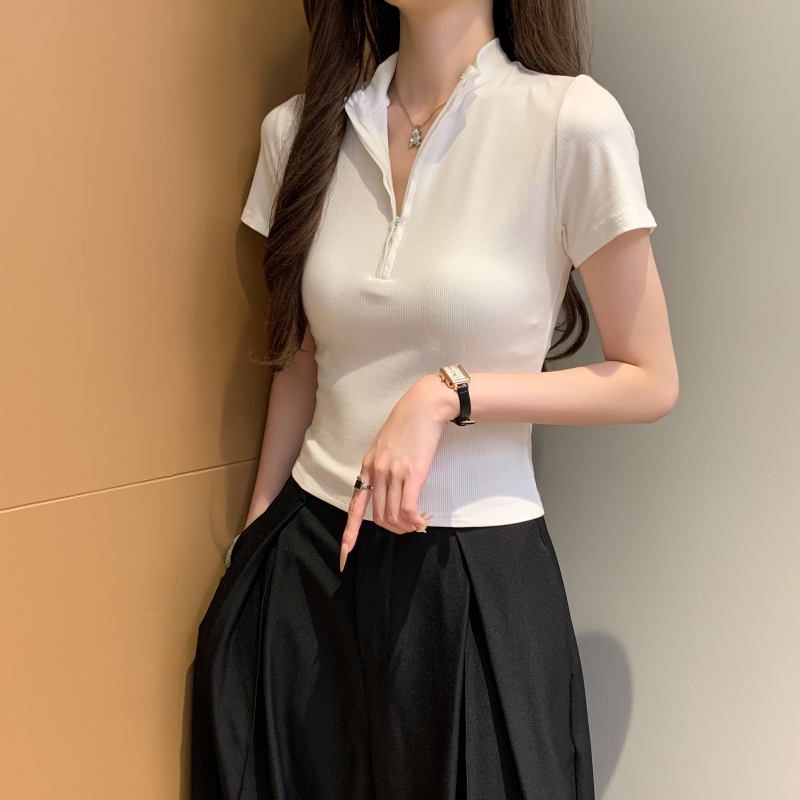 Simple short sleeve tight temperament zip T-shirt for women