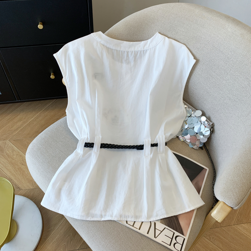 With belt slim shirt all-match Casual tops for women