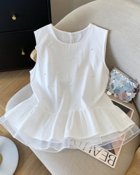 Flax bow tops beading sleeveless shirt for women