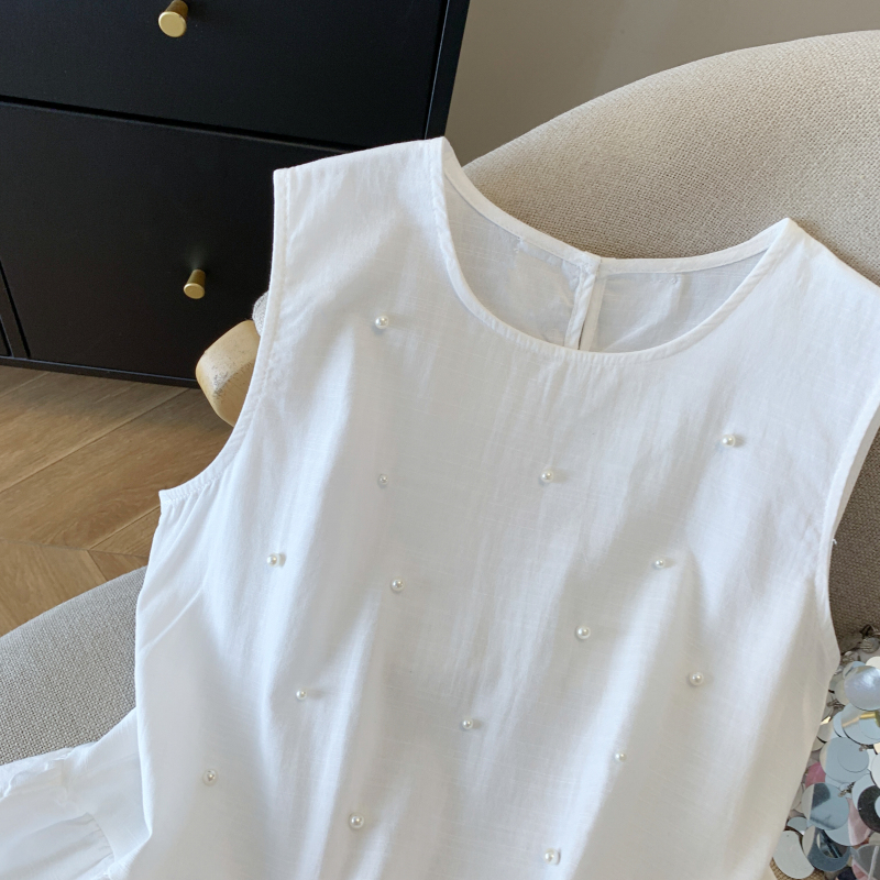 Flax bow tops beading sleeveless shirt for women