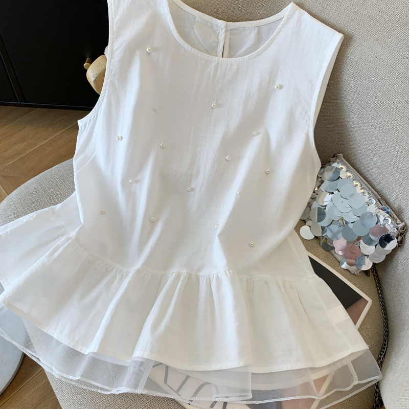 Flax bow tops beading sleeveless shirt for women