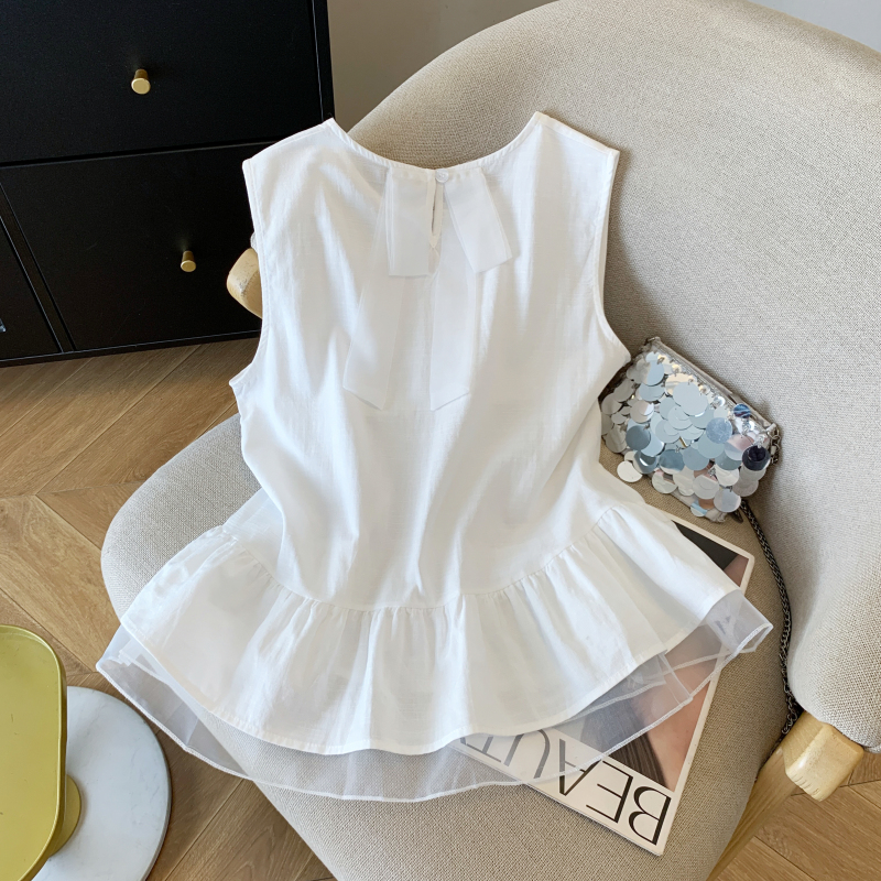 Flax bow tops beading sleeveless shirt for women