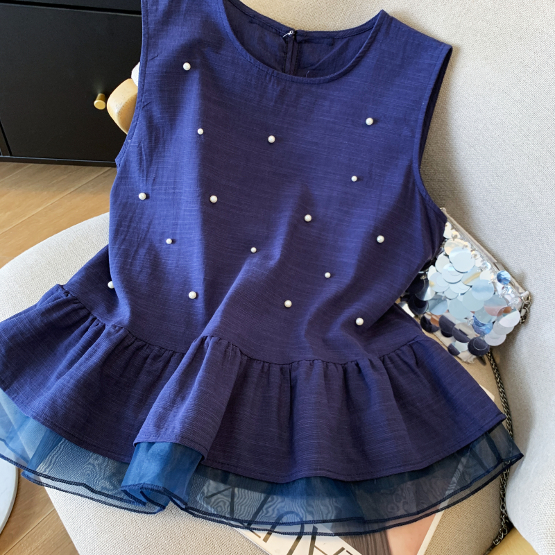 Flax bow tops beading sleeveless shirt for women