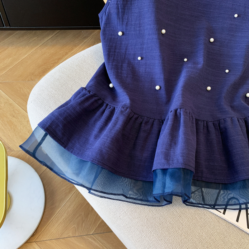 Flax bow tops beading sleeveless shirt for women