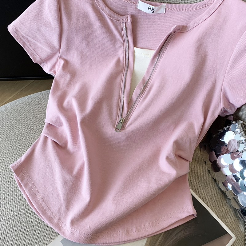 Short half zip T-shirt summer tops for women