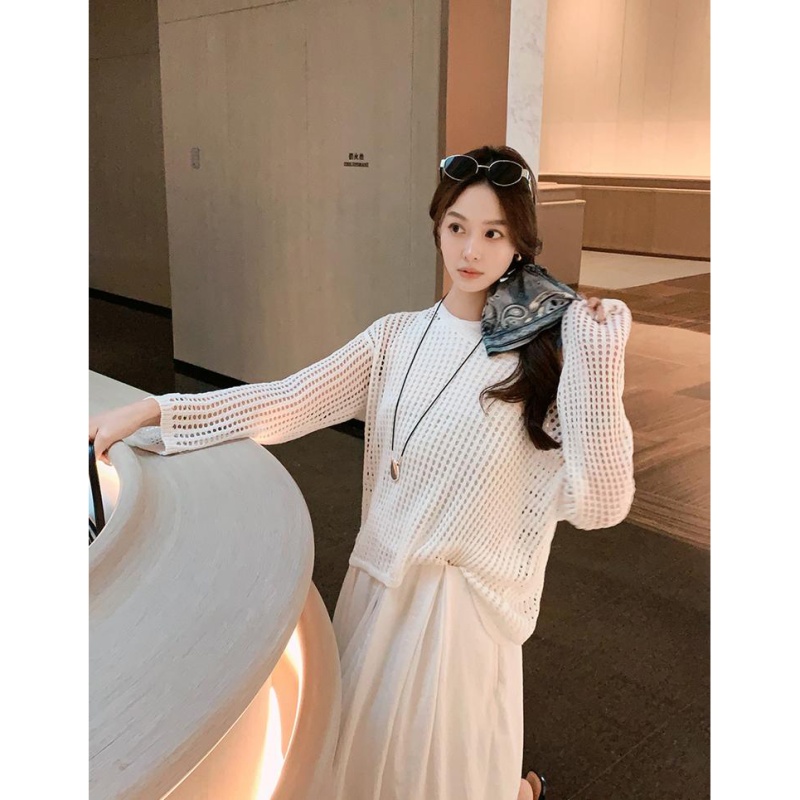 Thin loose tops perspective sweater 2pcs set for women