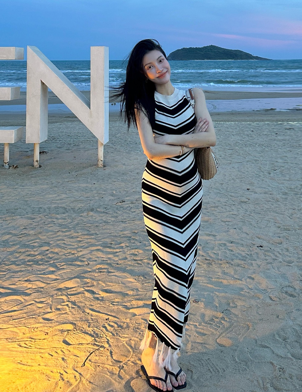 Fashion temperament stripe slim long dress