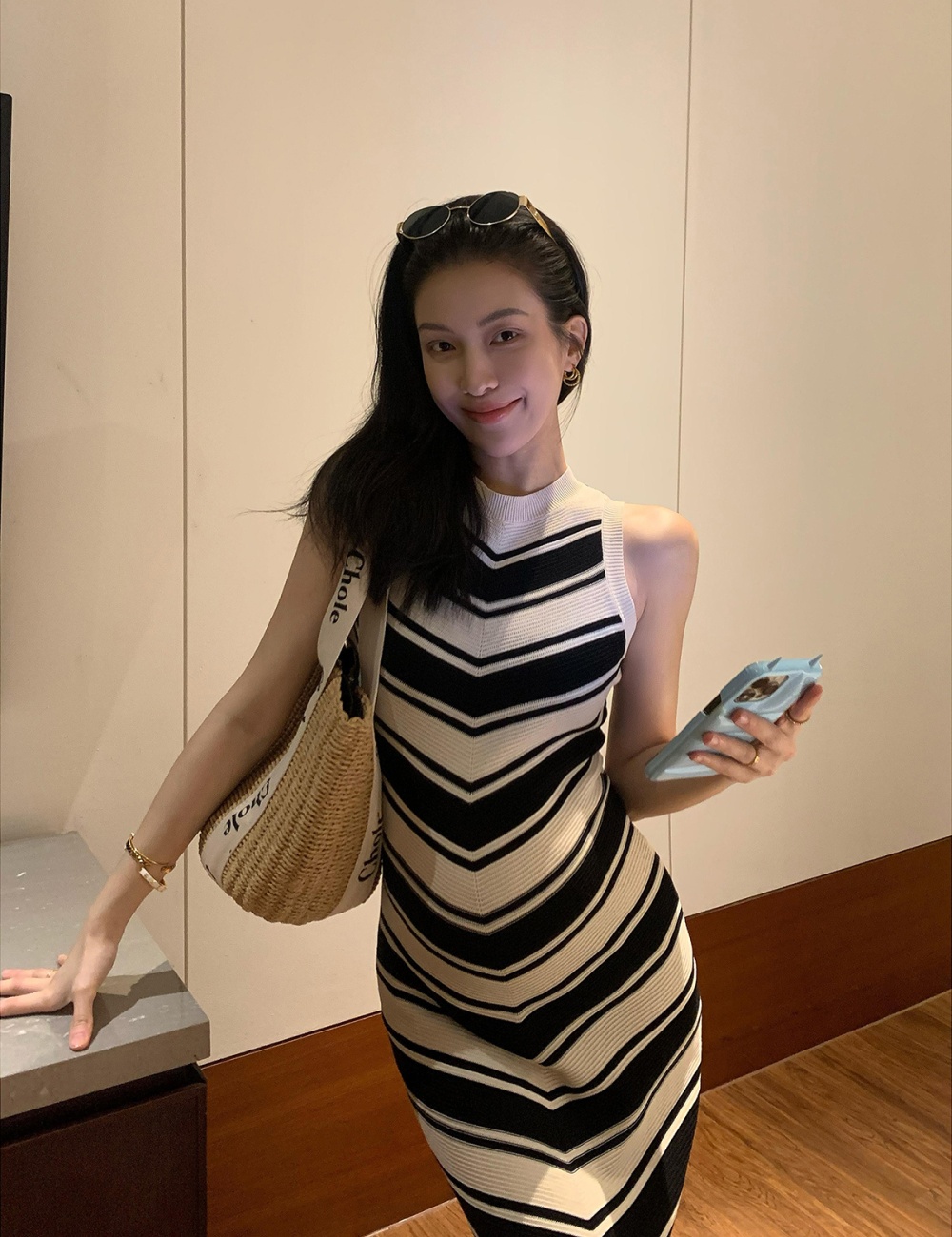 Fashion temperament stripe slim long dress