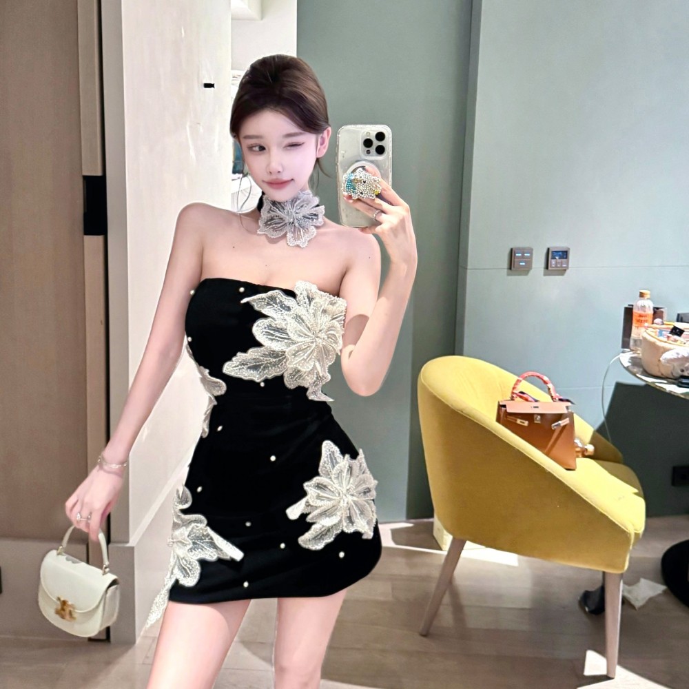 Wrapped chest temperament flowers package hip dress