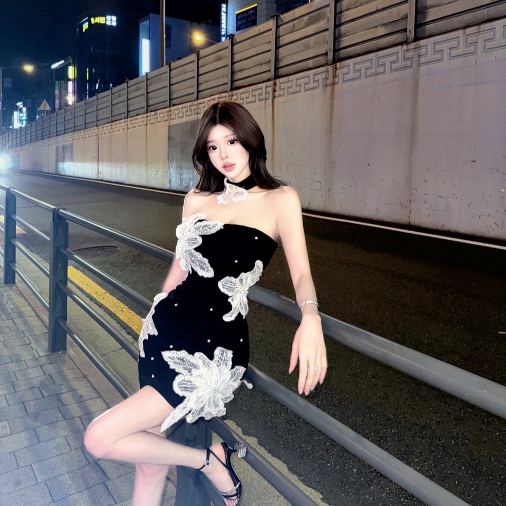 Wrapped chest temperament flowers package hip dress