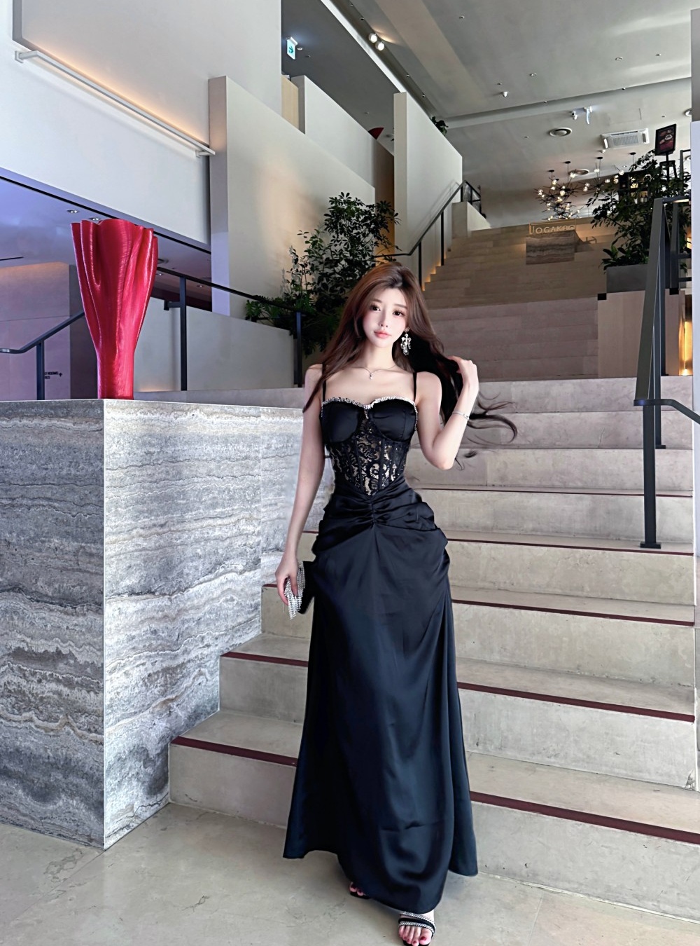 Sling satin package hip dress