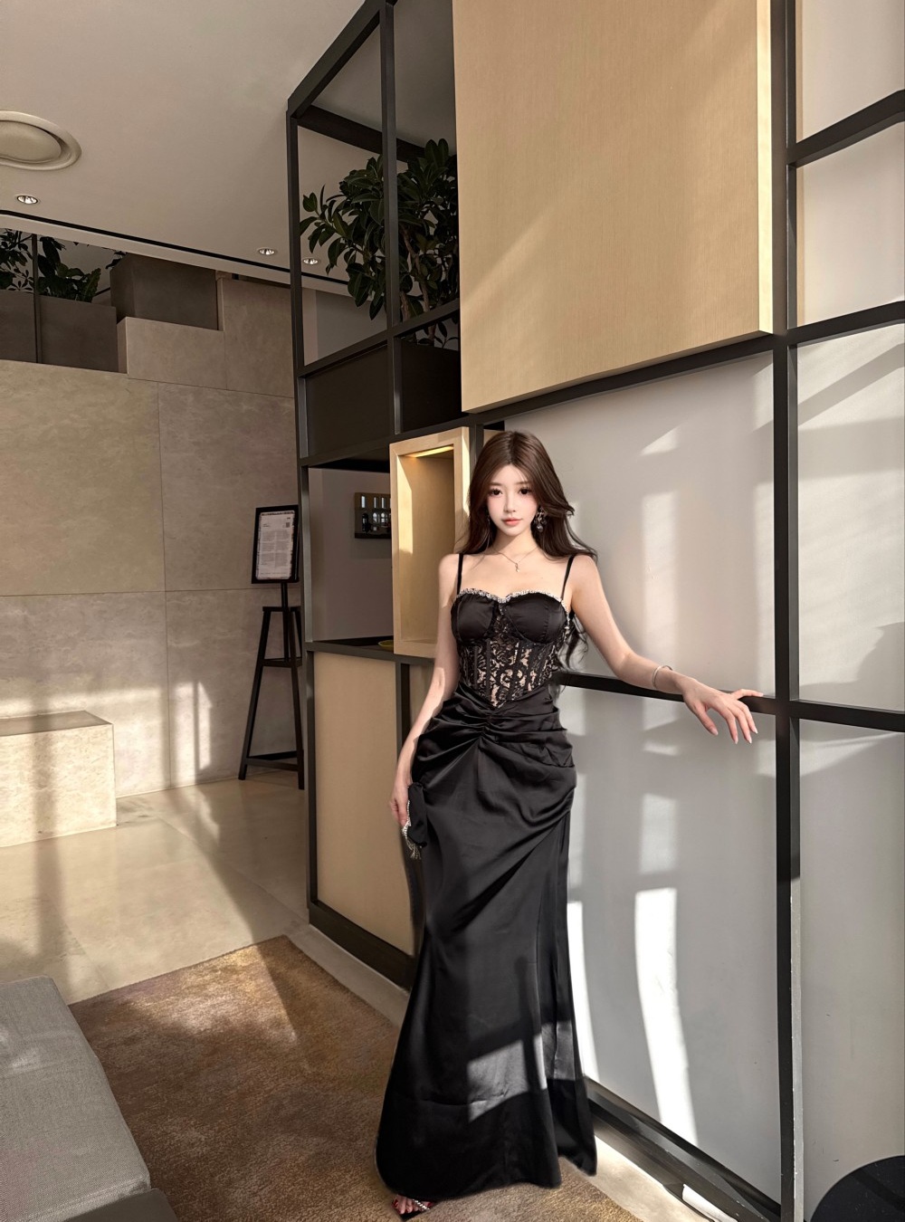Sling satin package hip dress