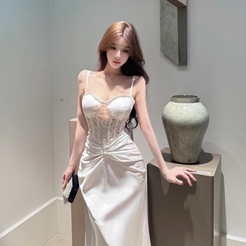 Sling satin package hip dress