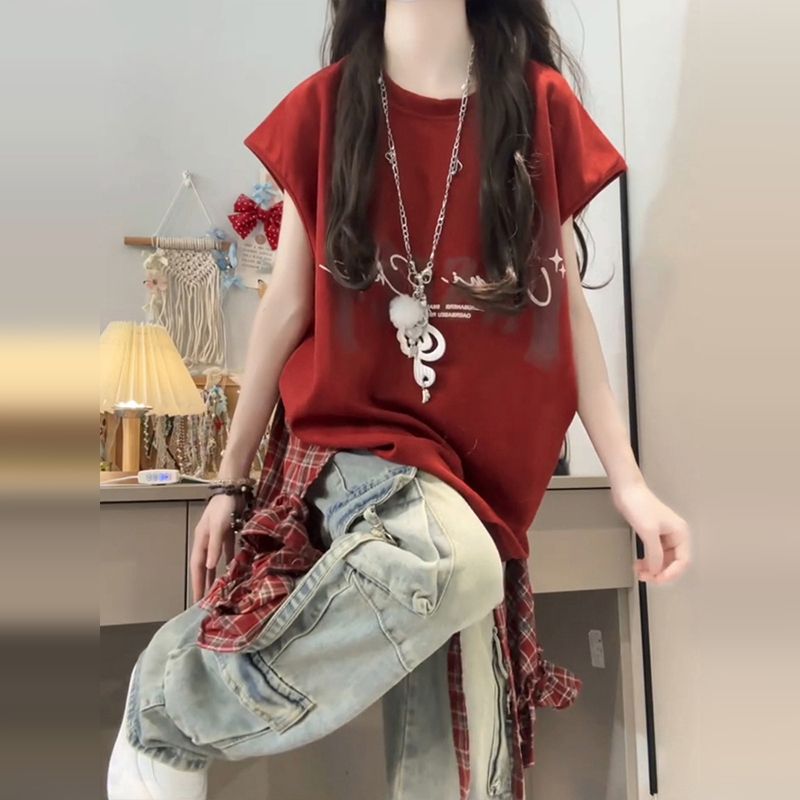 Summer unique T-shirt short sleeve red tops for women