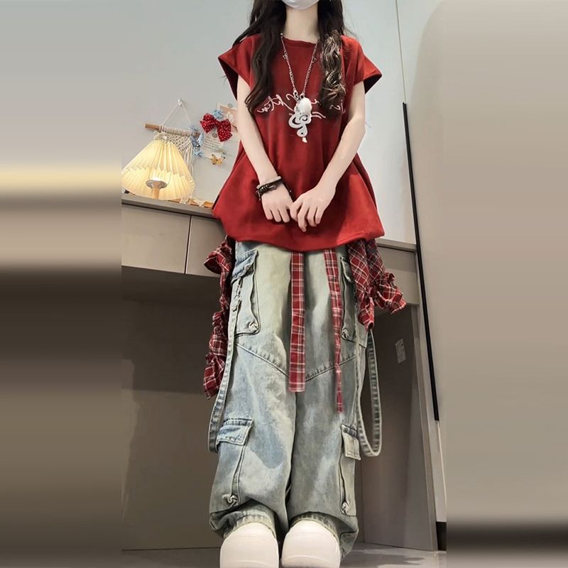 Summer unique T-shirt short sleeve red tops for women
