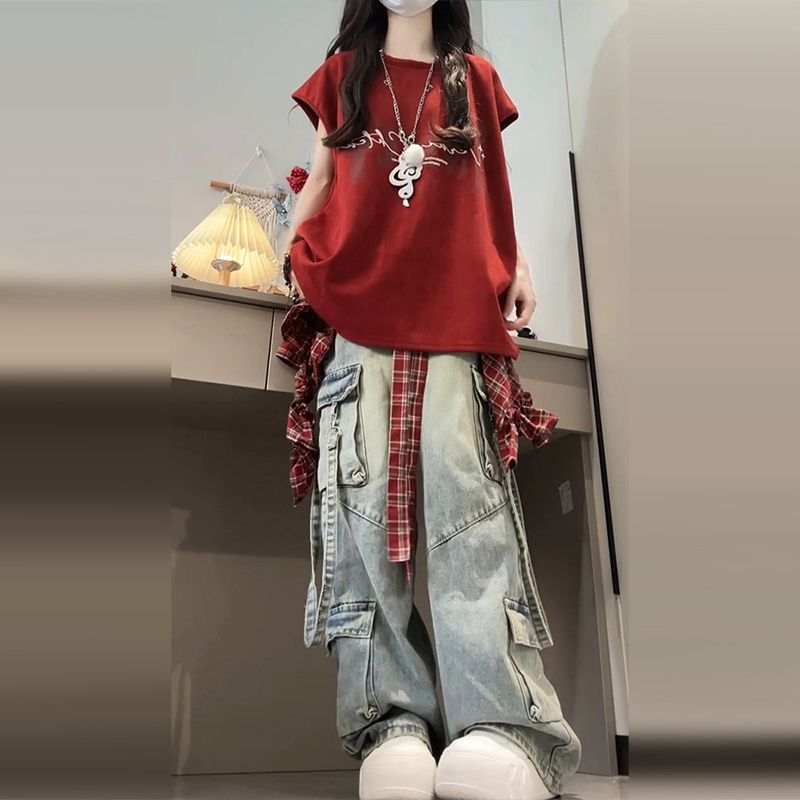 Summer unique T-shirt short sleeve red tops for women