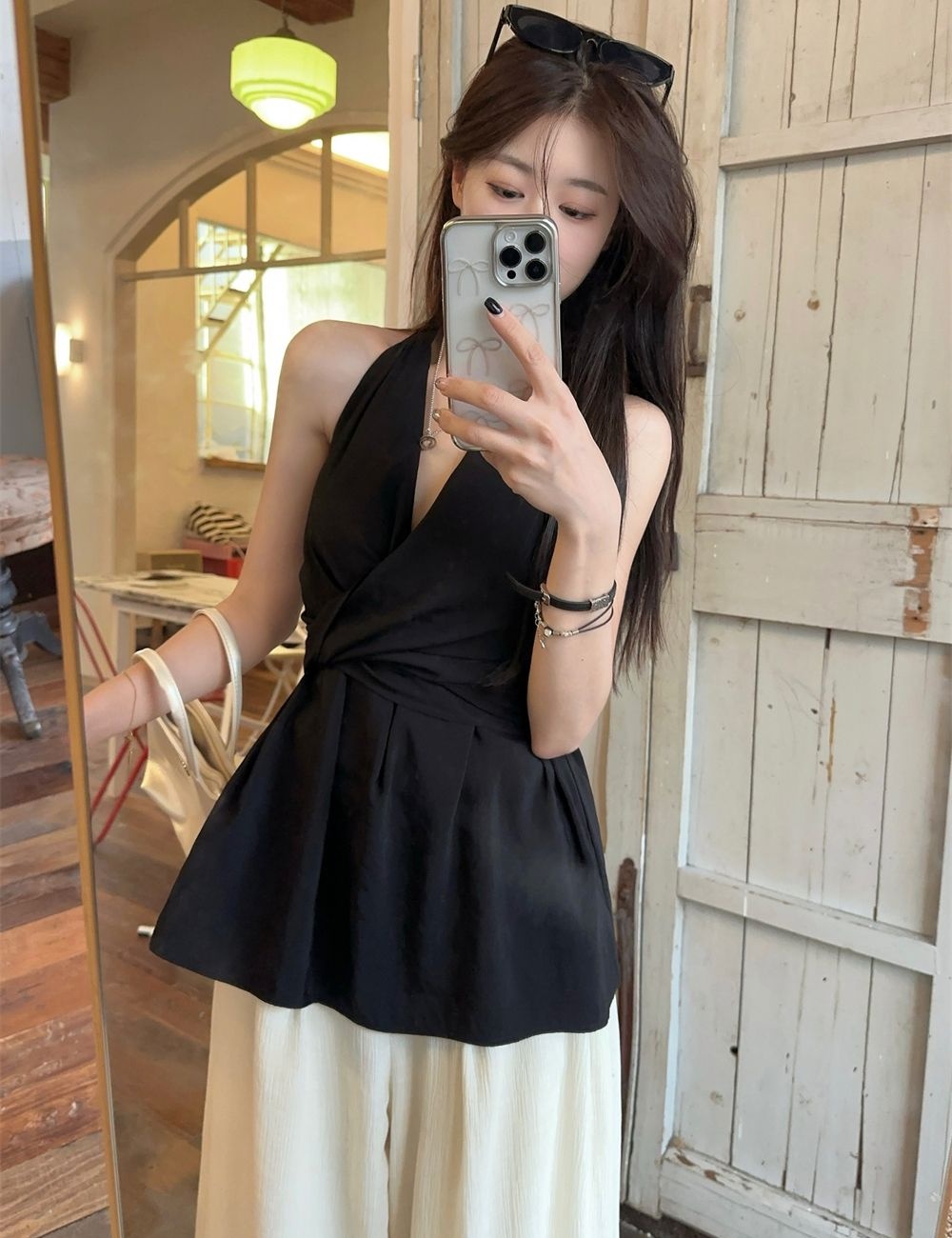 Halter strapless shirt pinched waist summer tops