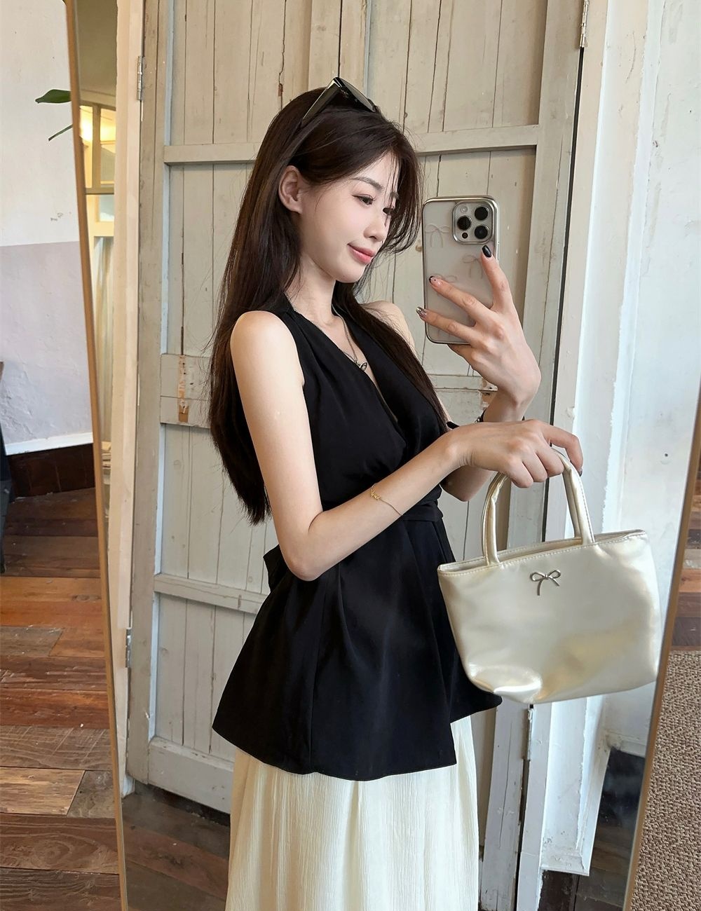 Halter strapless shirt pinched waist summer tops