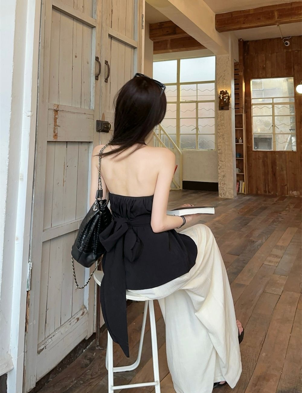 Halter strapless shirt pinched waist summer tops