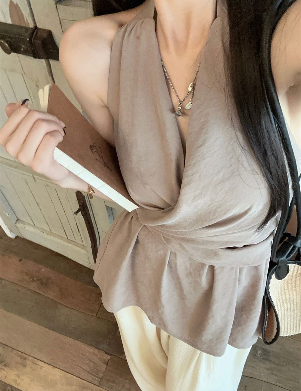 Halter strapless shirt pinched waist summer tops