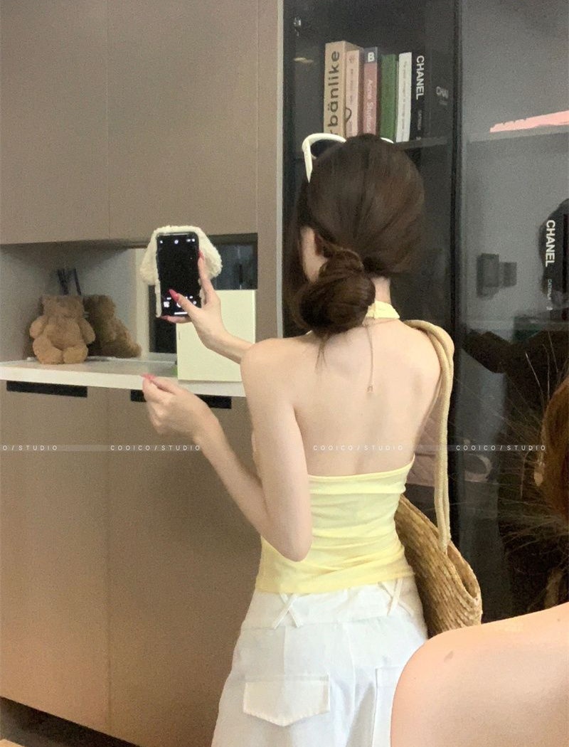 V-neck all-match pure tops slim halter summer vest for women