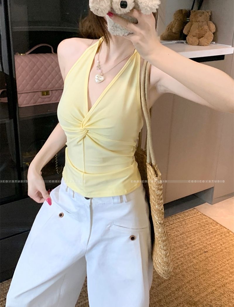 V-neck all-match pure tops slim halter summer vest for women