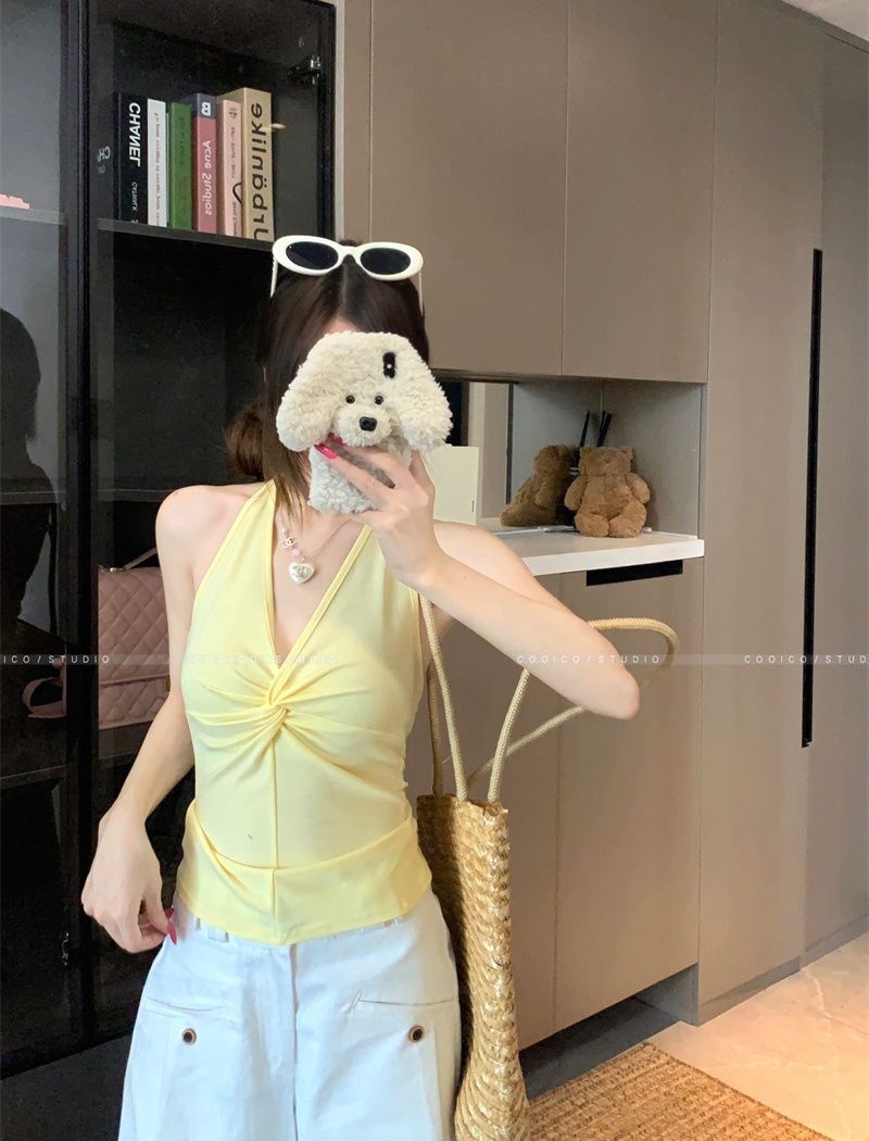 V-neck all-match pure tops slim halter summer vest for women