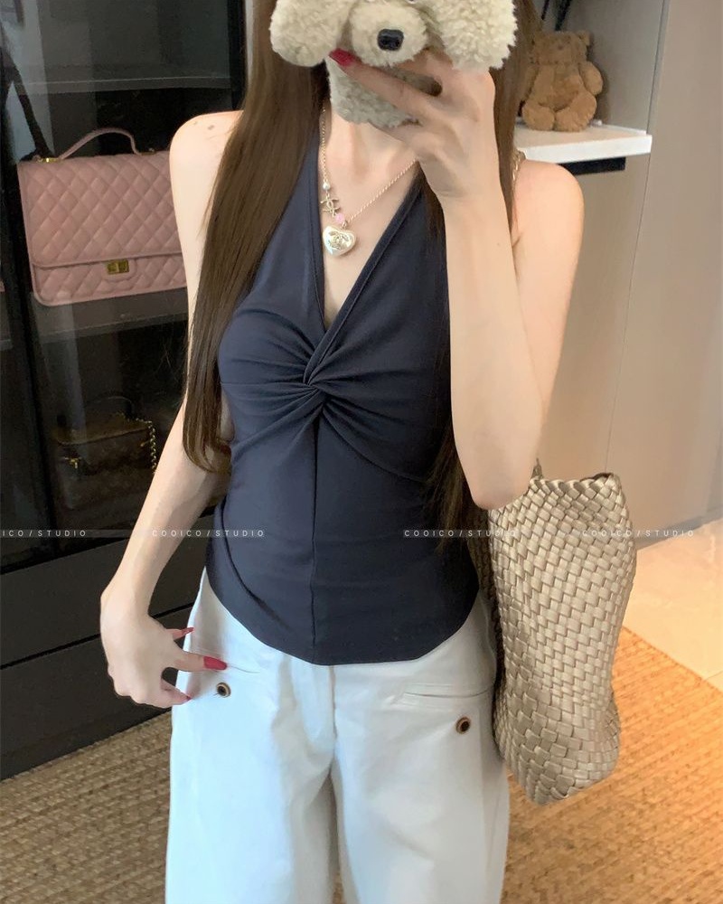 V-neck all-match pure tops slim halter summer vest for women
