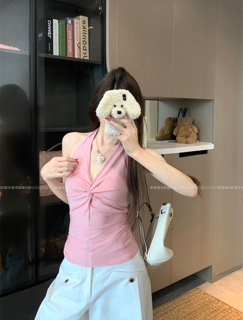 V-neck all-match pure tops slim halter summer vest for women