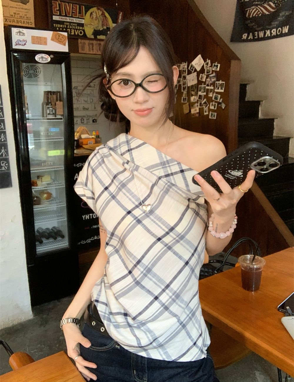 Short sleeve plaid T-shirt irregular vest for women