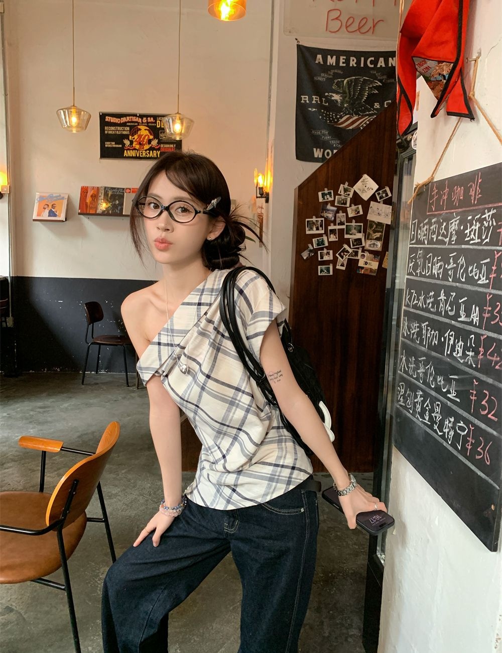 Short sleeve plaid T-shirt irregular vest for women