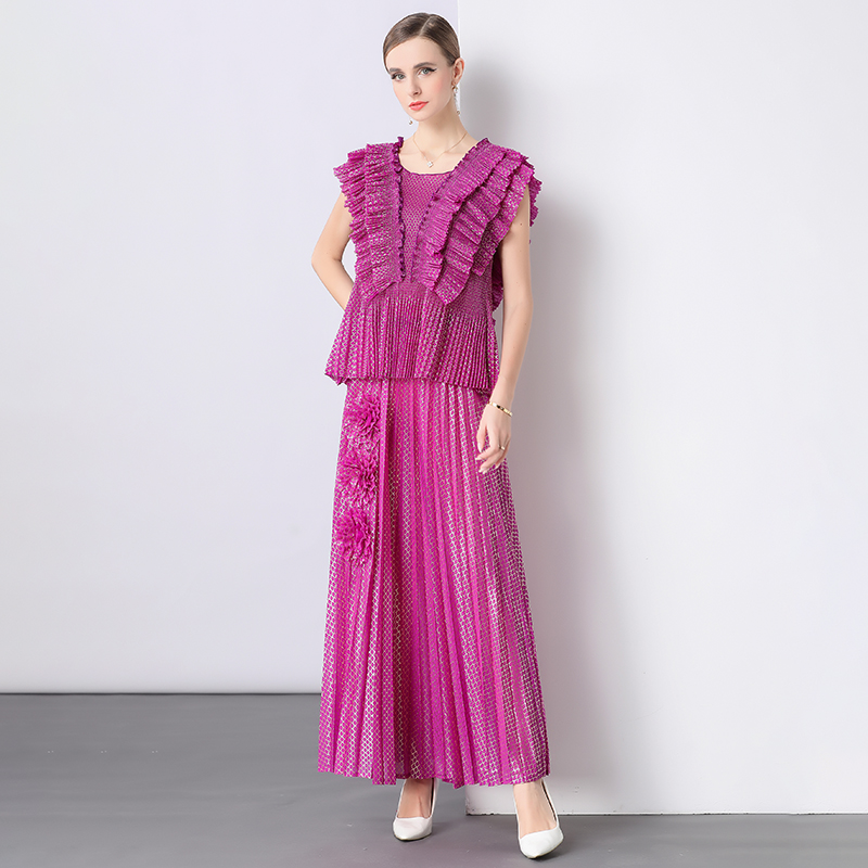 All-match split tops pleated disk flowers skirt a set