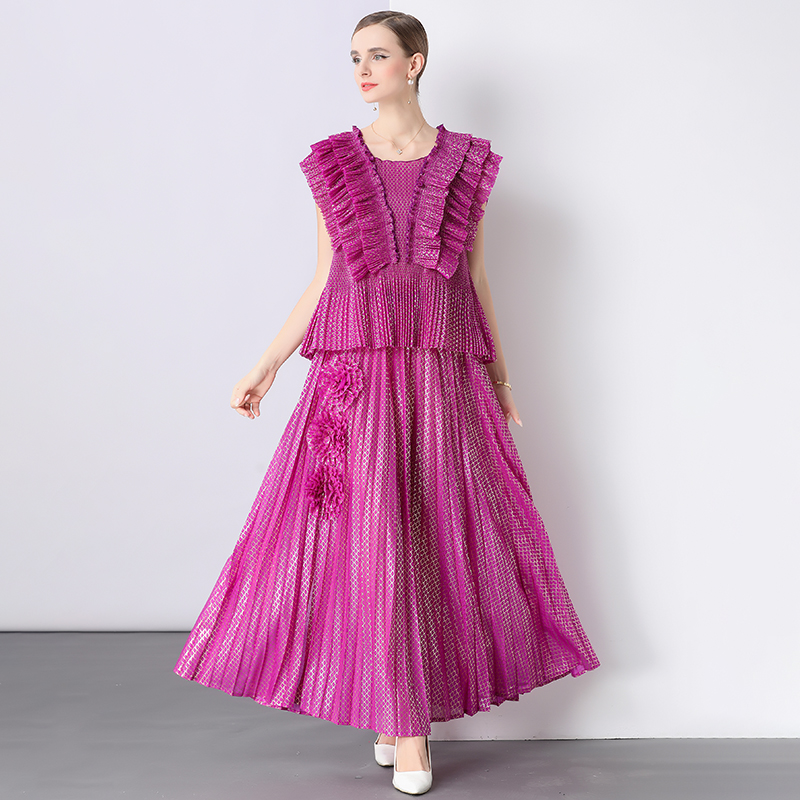 All-match split tops pleated disk flowers skirt a set
