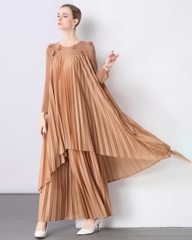 Beading long sleeve flowers long wide leg pants a set